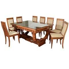 Vintage French Art Deco Walnut Dining Set with Eight Chairs