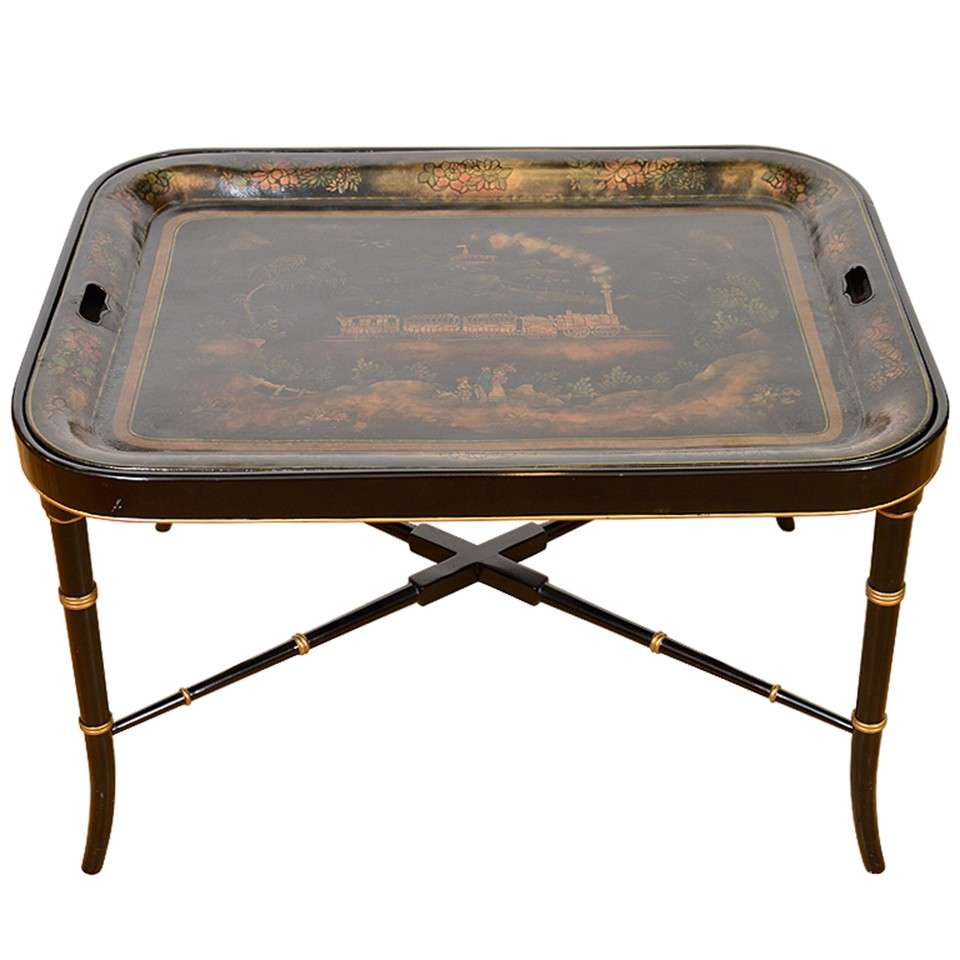 Mid Century Chinoiserie Tray Table w/ Faux Bamboo Base