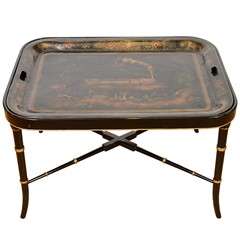 Mid Century Chinoiserie Tray Table w/ Faux Bamboo Base