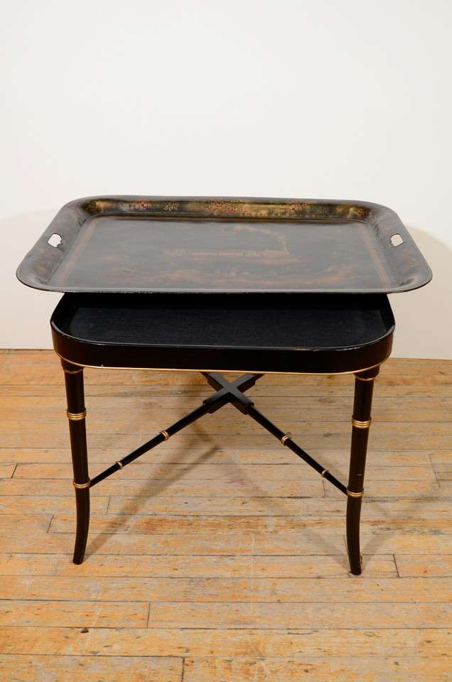 Mid Century Chinoiserie Tray Table w/ Faux Bamboo Base 1
