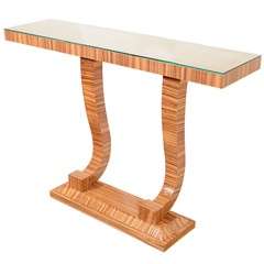 French Art Deco Style Console Table with Pale Zebra Wood Veneer