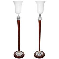 Pair of French Art Deco Style Rosewood, Chrome and Milk Glass Torchierres