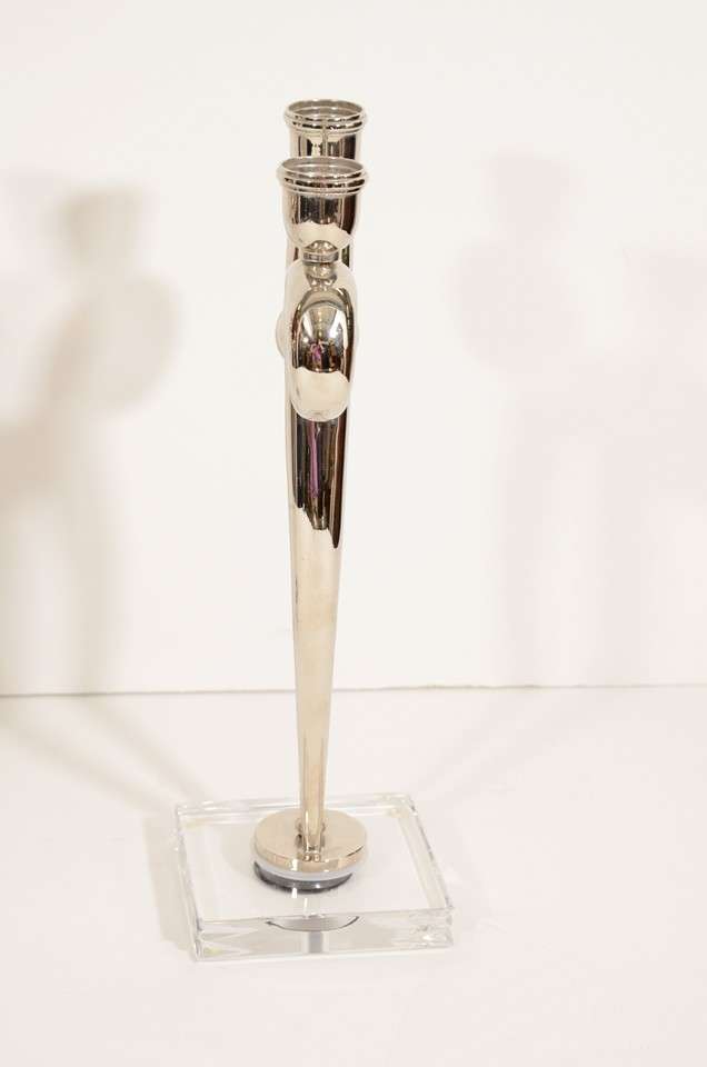 Pair of Art Deco Style Chrome Candlesticks on Lucite Bases 2