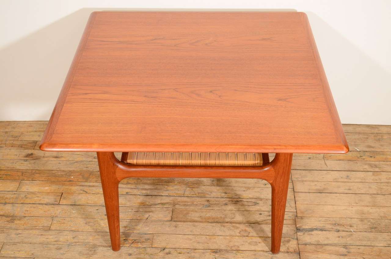 Mid-Century Modern Trioh Wood End Table with Woven Rattan Shelf