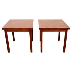 Pair of 1960s Handcrafted Wood Side Tables with Tile Patterned Top