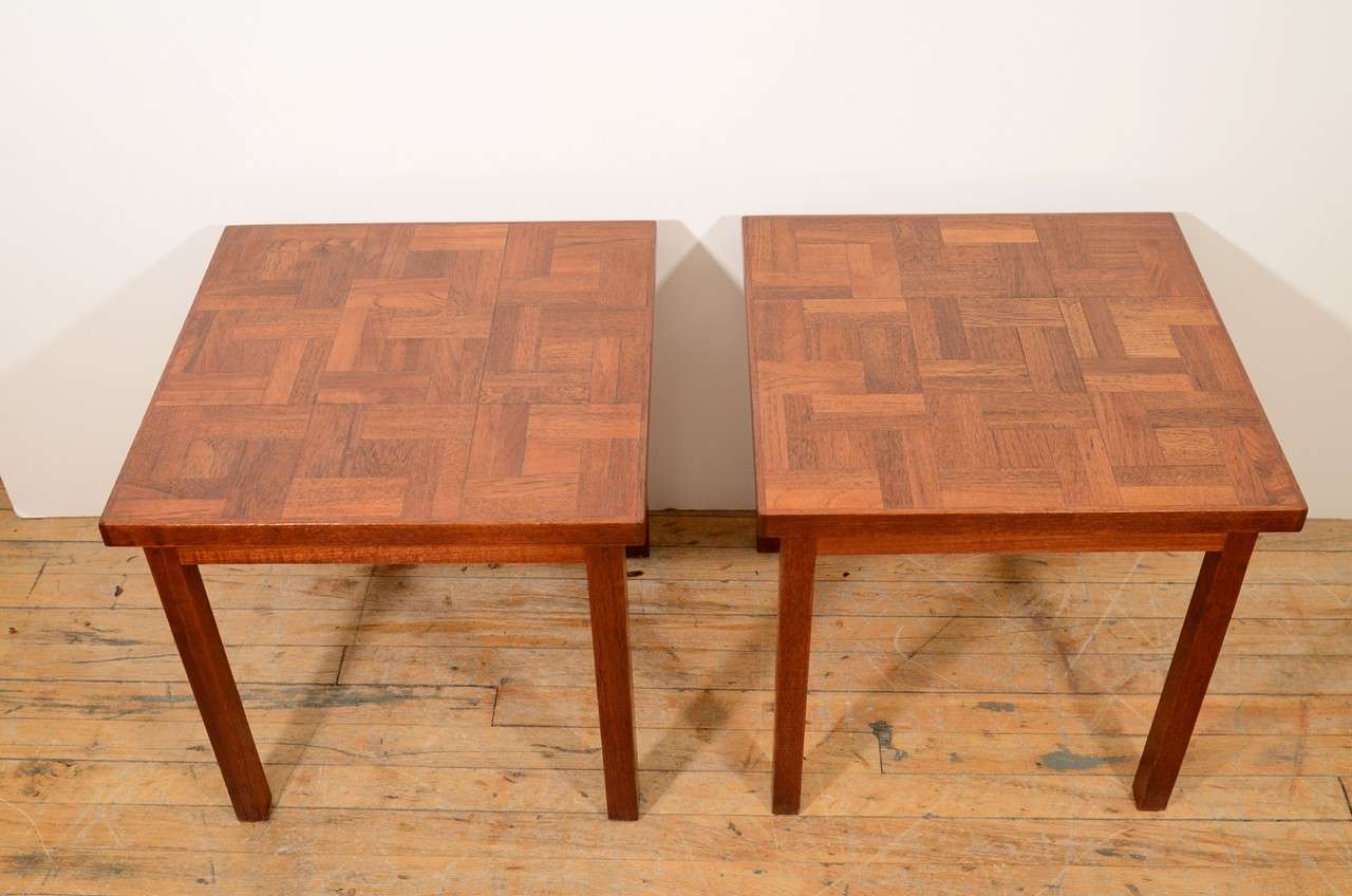 American Pair of 1960s Handcrafted Wood Side Tables with Tile Patterned Top