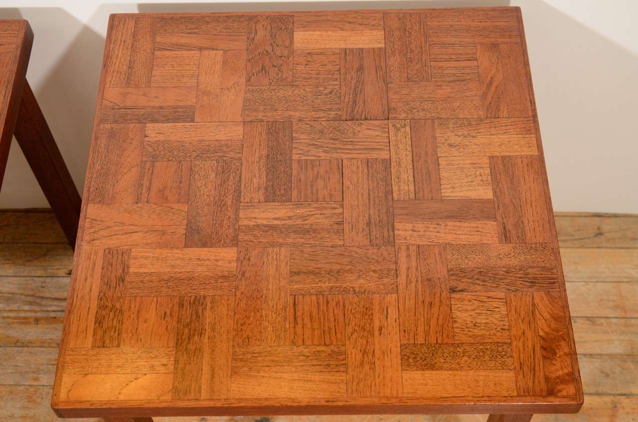 Pair of 1960s Handcrafted Wood Side Tables with Tile Patterned Top In Good Condition In Astoria, NY