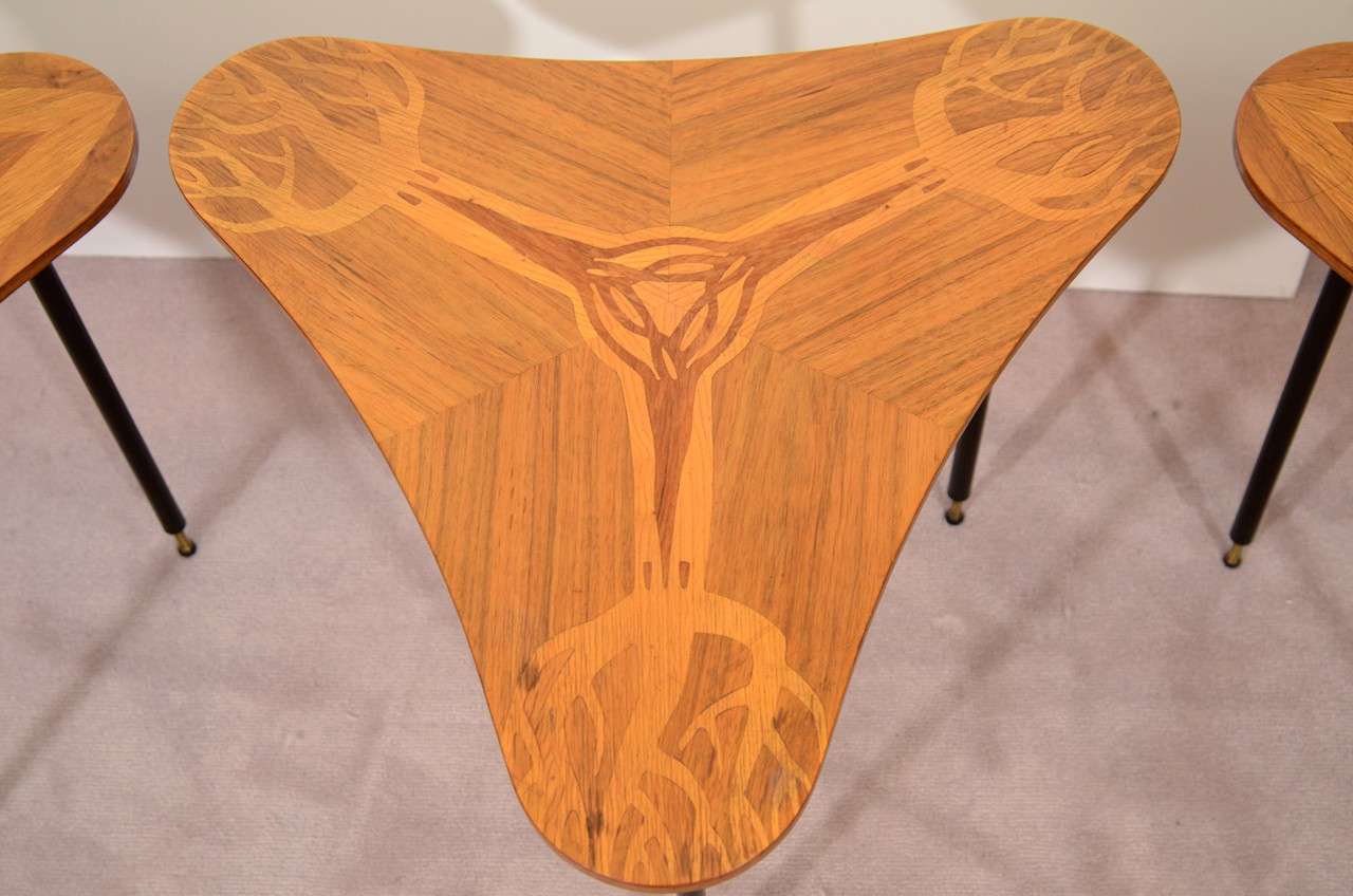 Set Of Three Mid Century Nesting Tables With Wood Inlay at 1stdibs