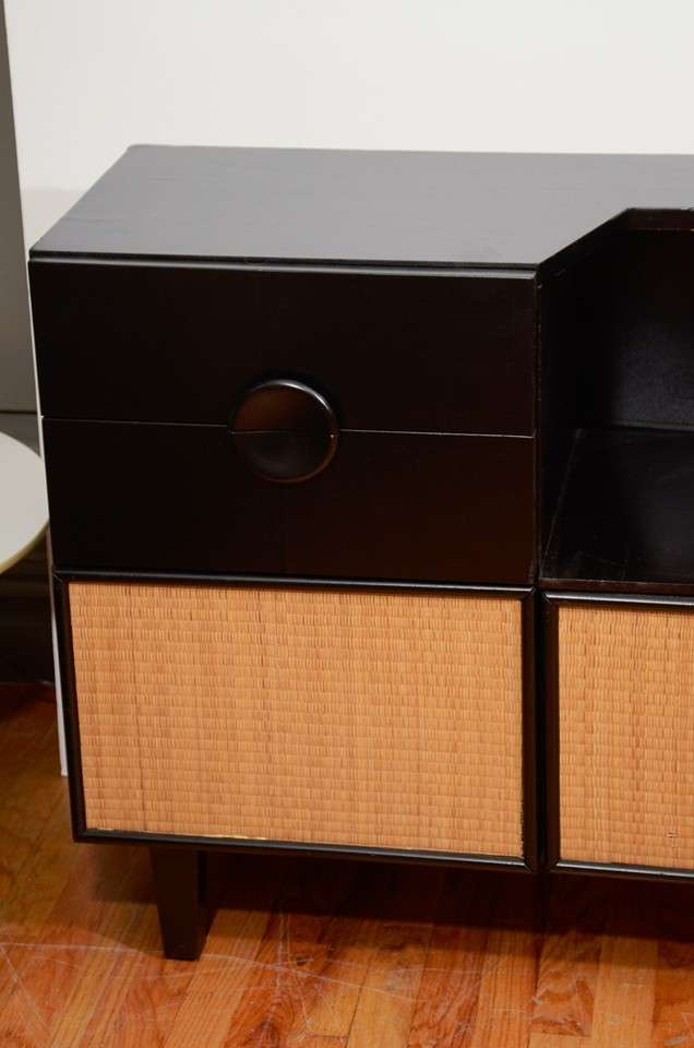 Mid Century Ebonized Low Credenza w/ Cane Detailing at 1stdibs