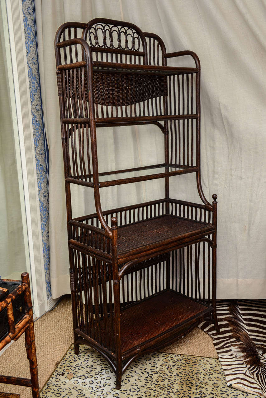 bakers rack with wicker baskets