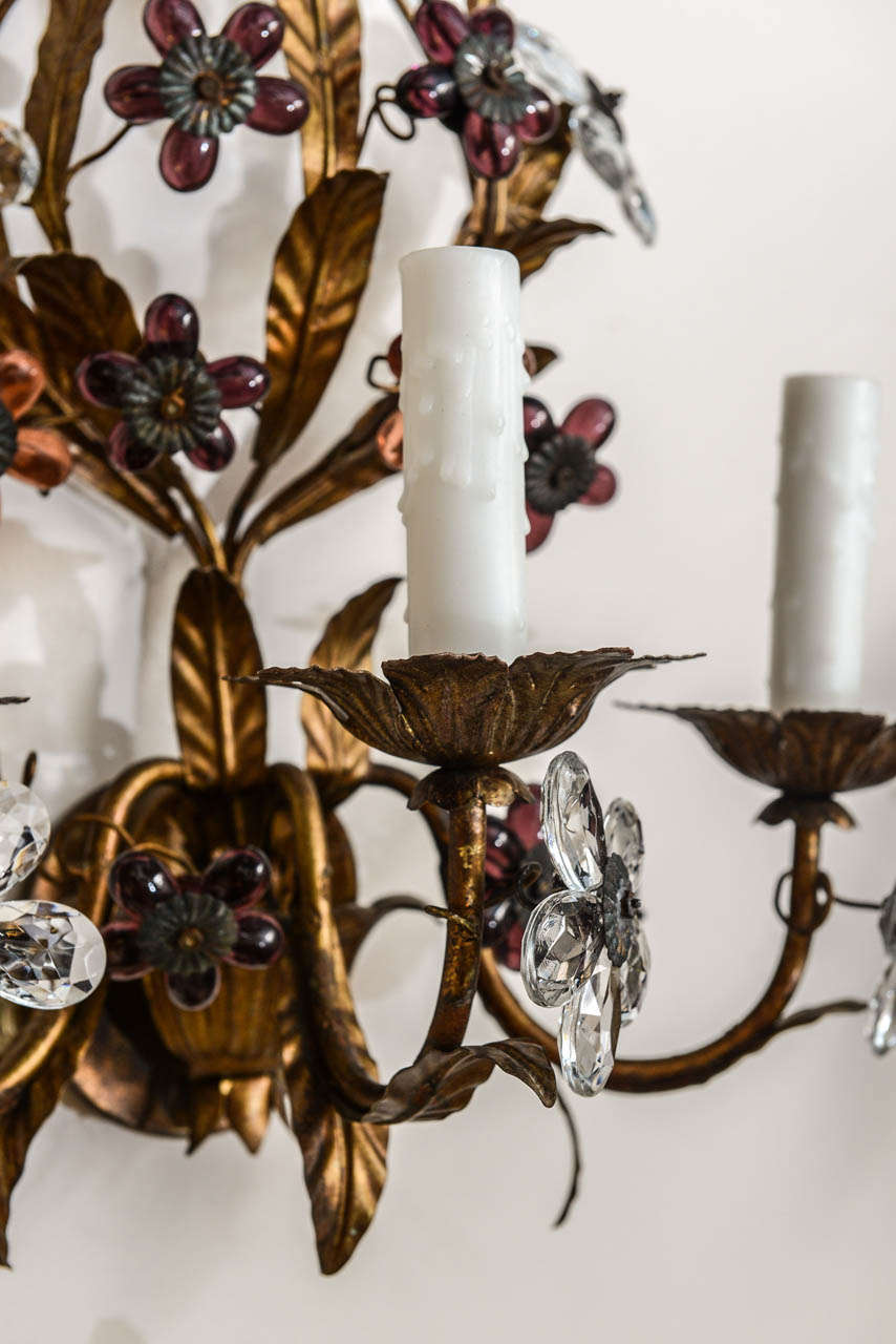 Four Gilded Metal Crystal Flower Sconces In Excellent Condition In West Palm Beach, FL