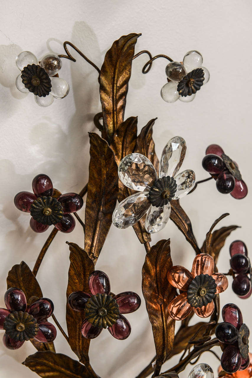 20th Century Four Gilded Metal Crystal Flower Sconces