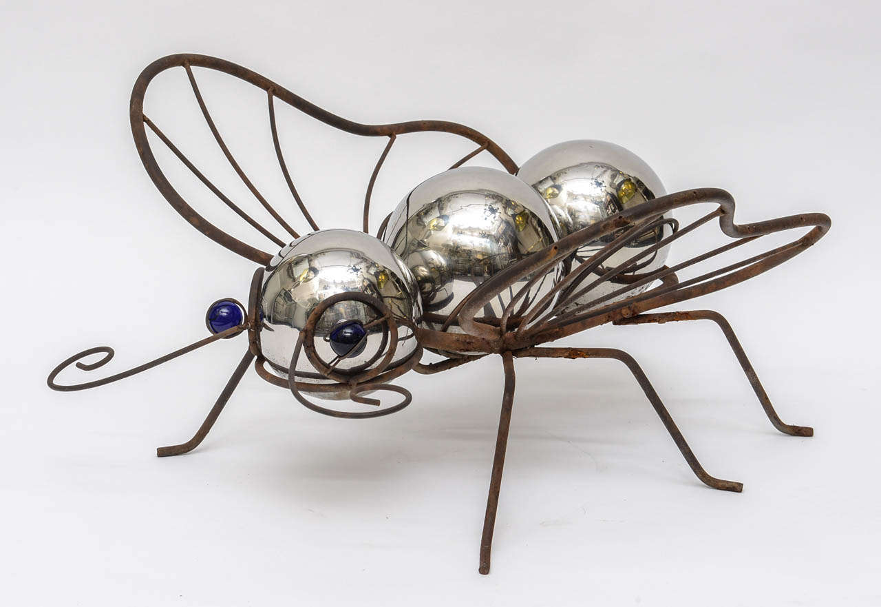 Vintage Mercury Glass & Iron Large Insect Water Feature