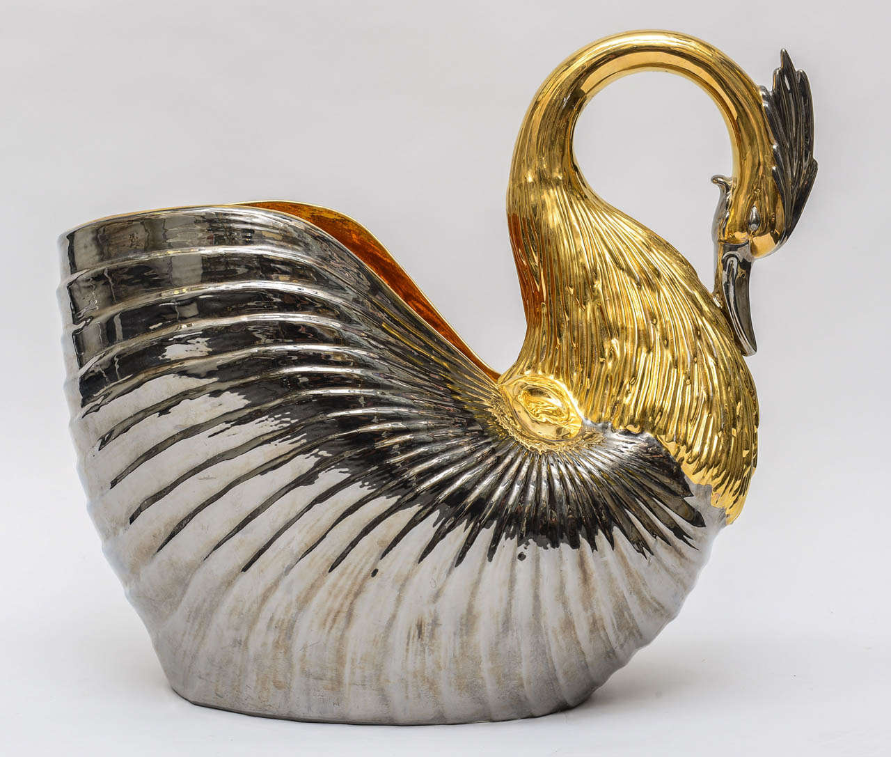 Italian Venetian Silver and Gold Porcelain Swan Centerpiece