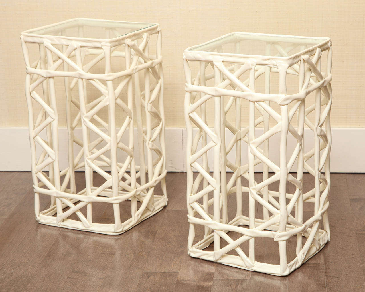 Pair of lattice resin prototype drinks tables with glass tops  c. 1960