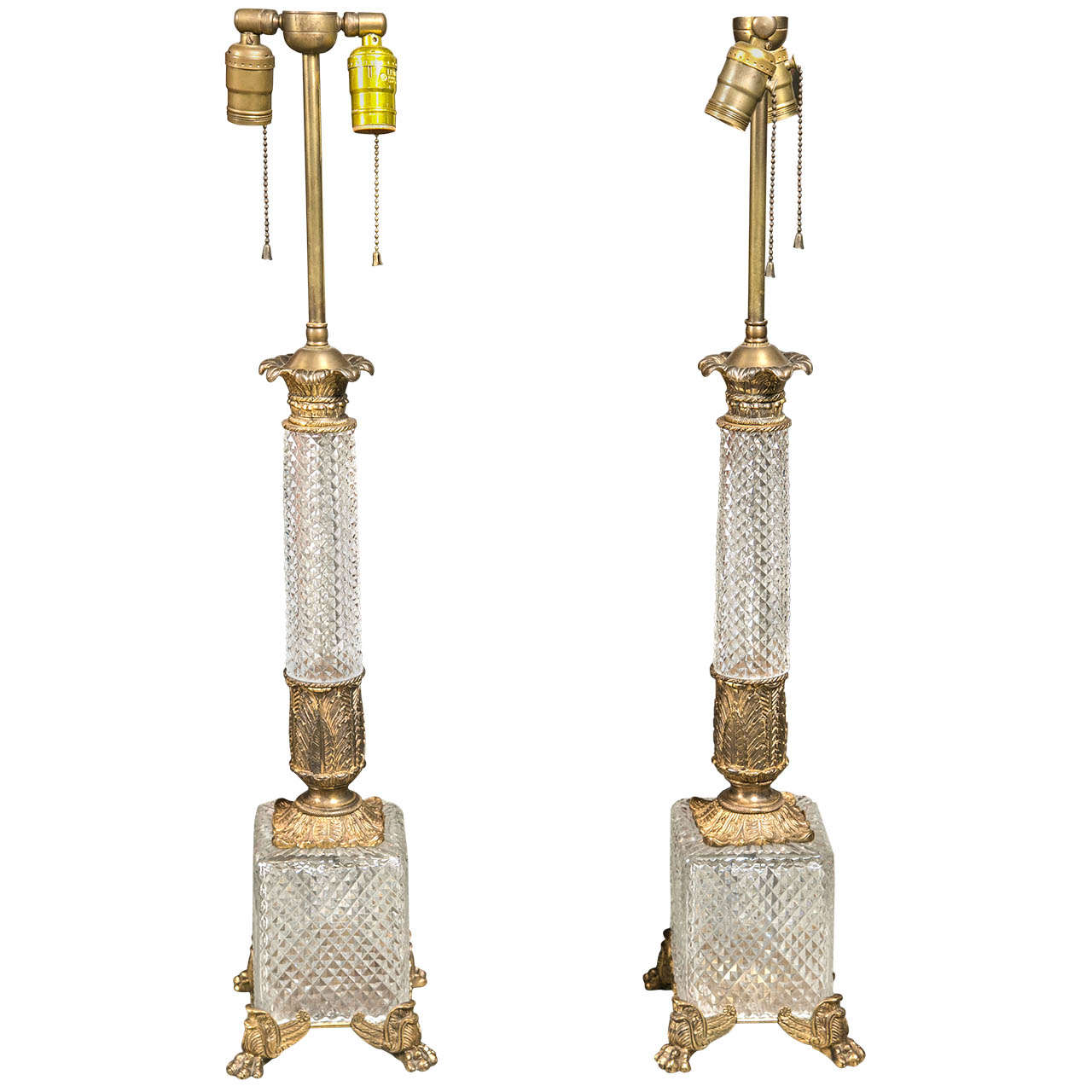 Pair Of Baccarat Diamond Cut Crystal And Dore Bronze Lamps For Sale