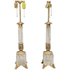 Pair Of Baccarat Diamond Cut Crystal And Dore Bronze Lamps