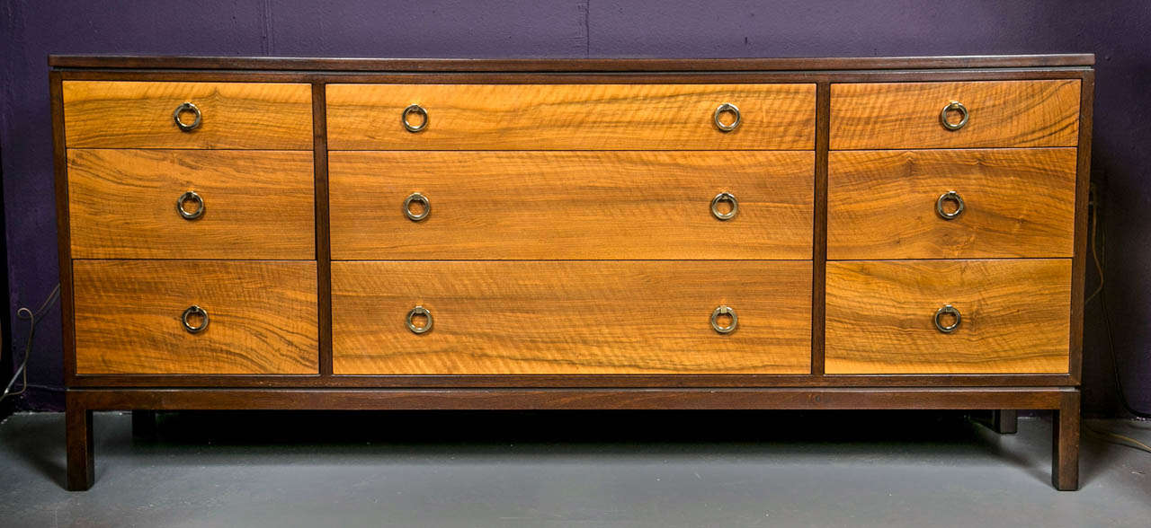Rare Edward Wormley drawers chest for Dunbar. French and American walnut. Original brass pulls, newly refinished. Circa 1964.