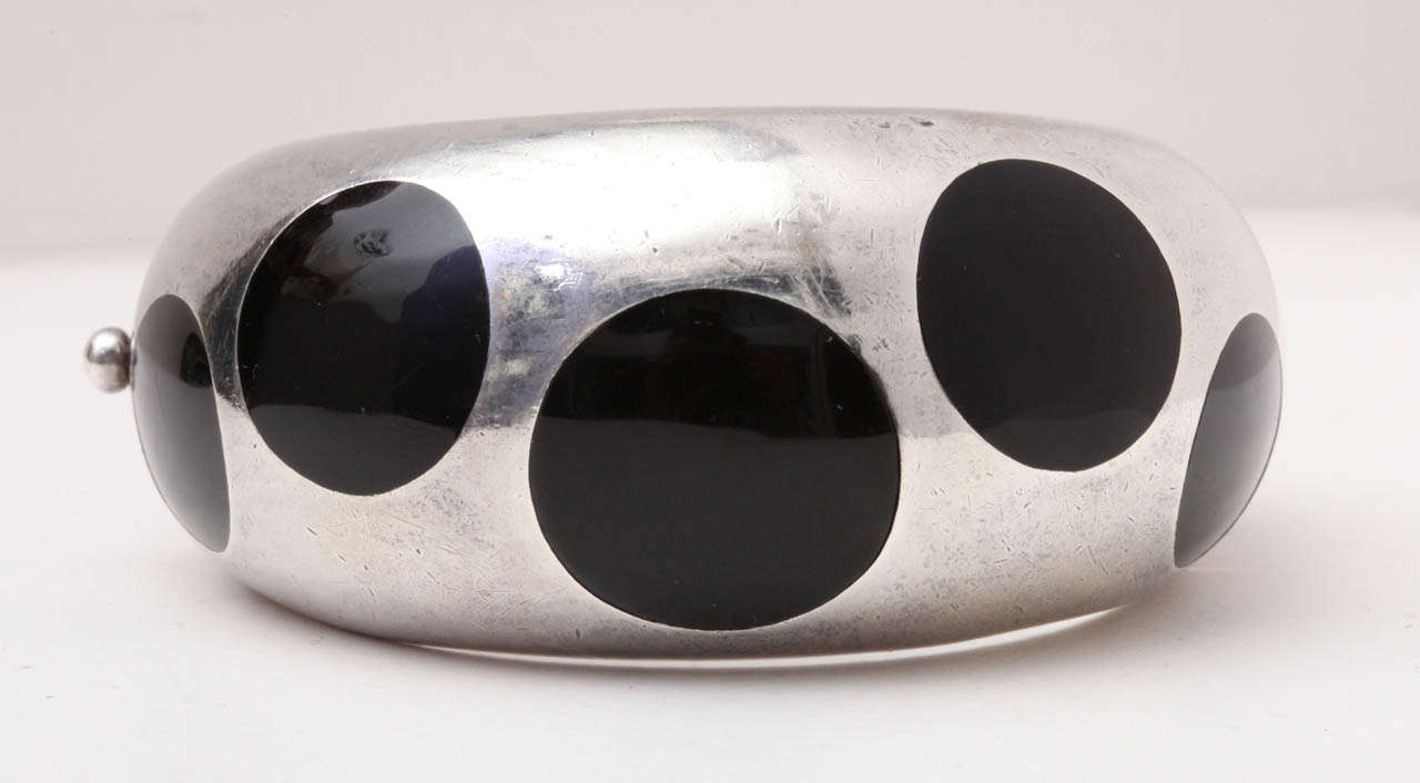 Mexican Los Ballesteros Silver Cuff Bracelet with Inlaid Black Bakelite
