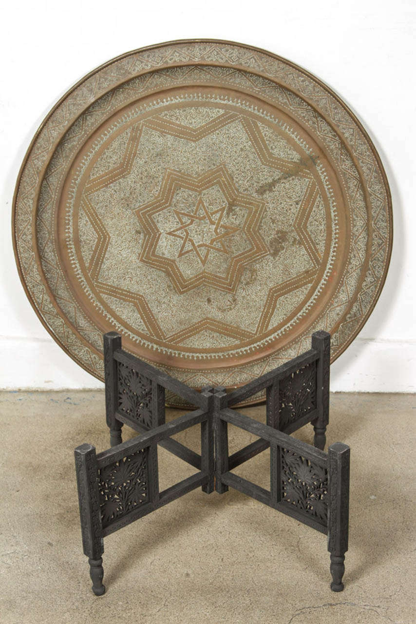 20th Century Moroccan Round Brass Tray Coffee Table