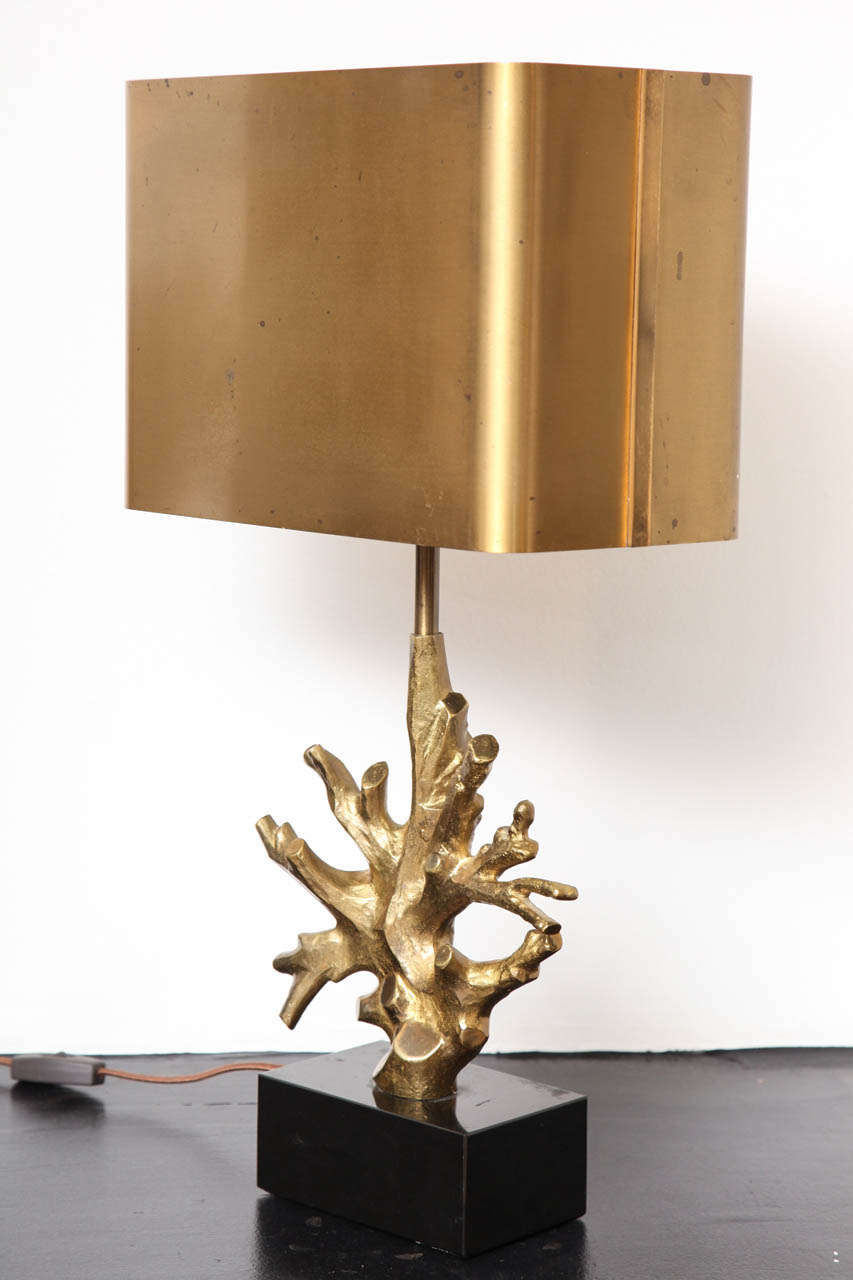 Maison Charles Gilded Bronze Lamp in a branch coral form set on black marble, complete with original bronze lampshade.