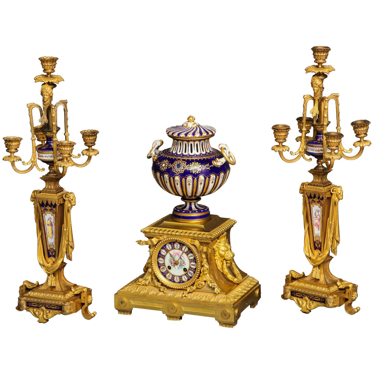 Sèvres Royal Blue Porcelain and Ormolu-Mounted Three-Piece Clock Garniture For Sale