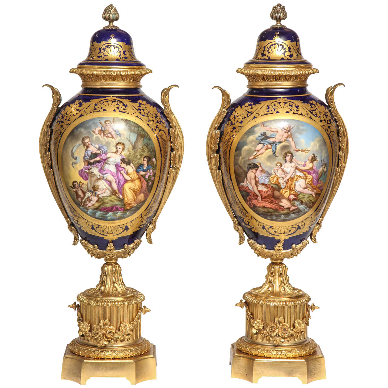 Massive Pair of Fine Antique French Ormolu-Mounted Sèvres Style Porcelain Vases