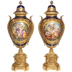 Massive Pair of Fine Antique French Ormolu-Mounted Sèvres Style Porcelain Vases