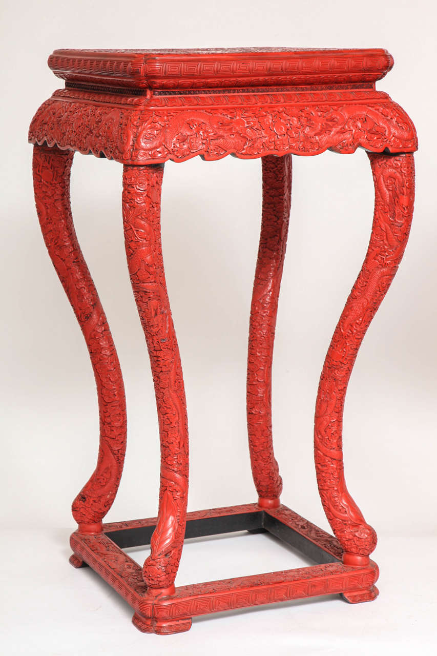 Chinoiserie Pair of Chinese Red Cinnabar Square Shaped Stands/Pedestals