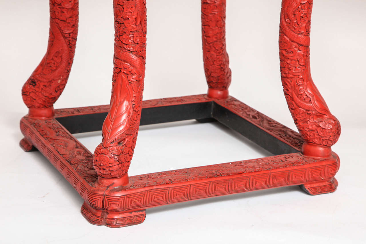 Lacquered Pair of Chinese Red Cinnabar Square Shaped Stands/Pedestals