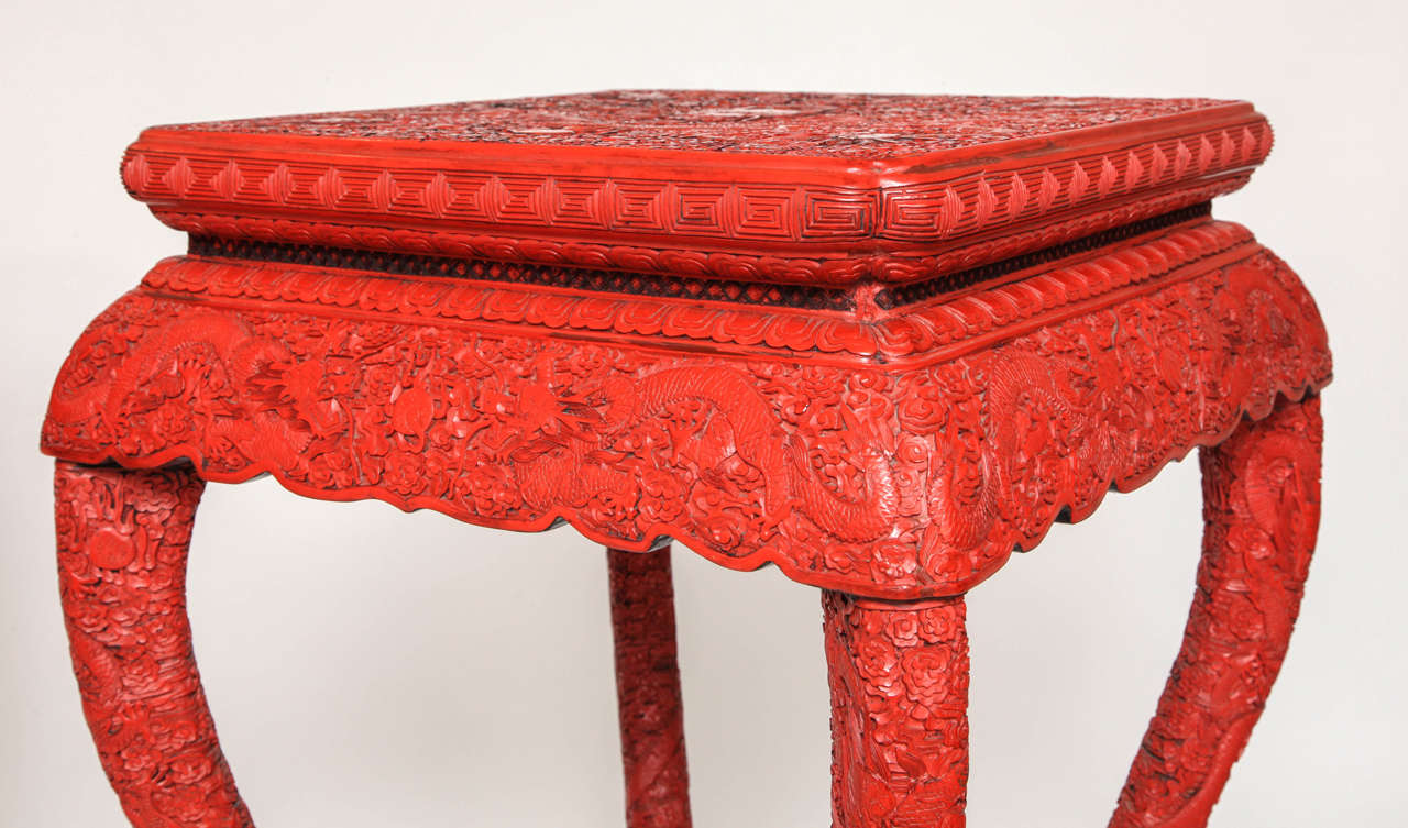 Pair of Chinese Red Cinnabar Square Shaped Stands/Pedestals 1