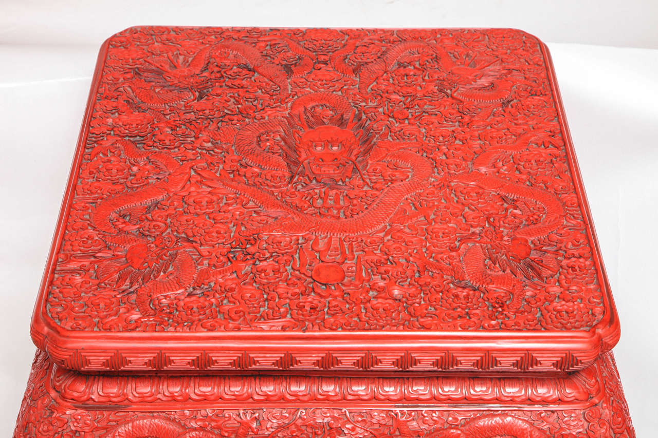 Pair of Chinese Red Cinnabar Square Shaped Stands/Pedestals 2