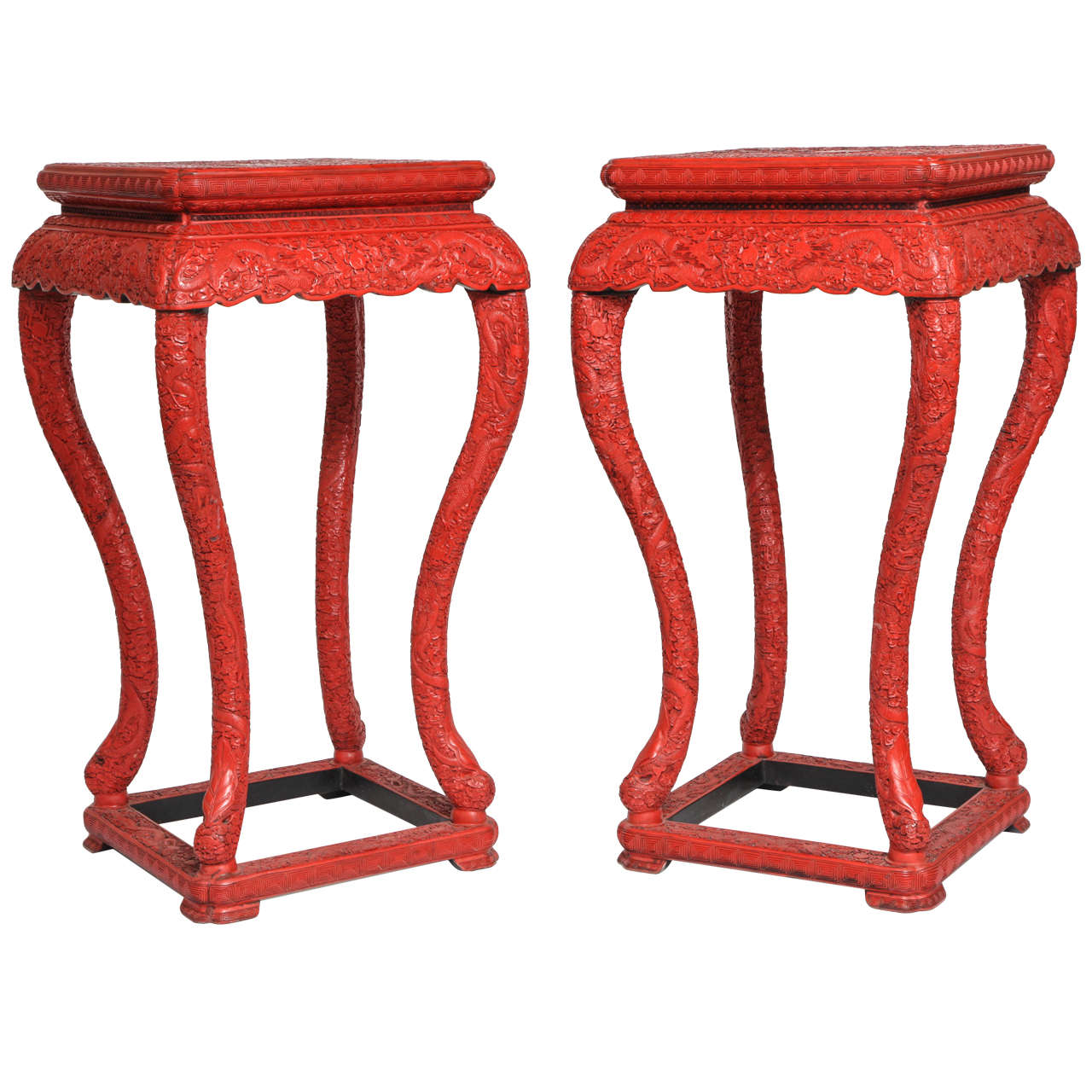 Pair of Chinese Red Cinnabar Square Shaped Stands/Pedestals