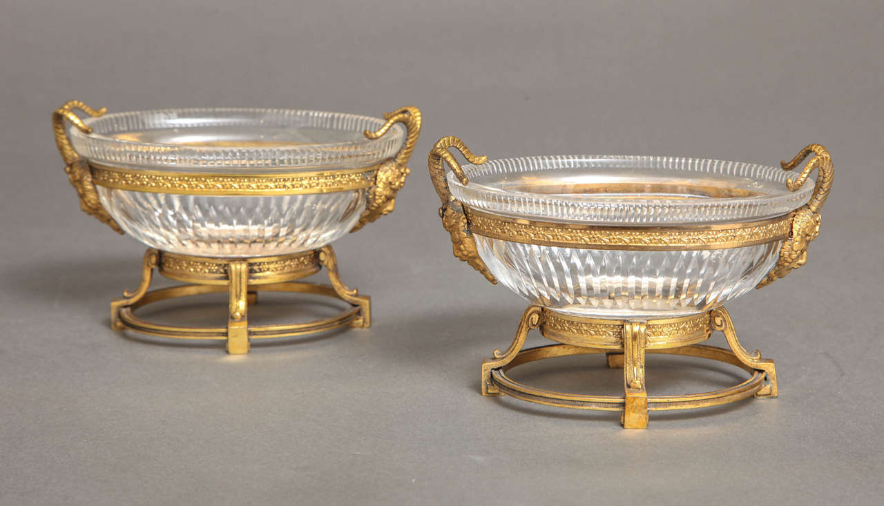 Empire Pair of Russian Imperial Cut Crystal and Doré Bronze Centerpieces W/ Masks For Sale