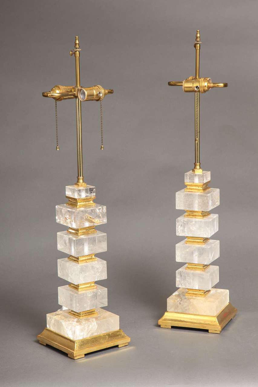 A very fine pair of hand diamond cut square shaped Art Deco style rock crystal and giltwood table lamps, 20th century.

Height without electrical fitting is 16 in and overall is 28.5 inches. Square shaped base is 6.5 in by 6.5 in.