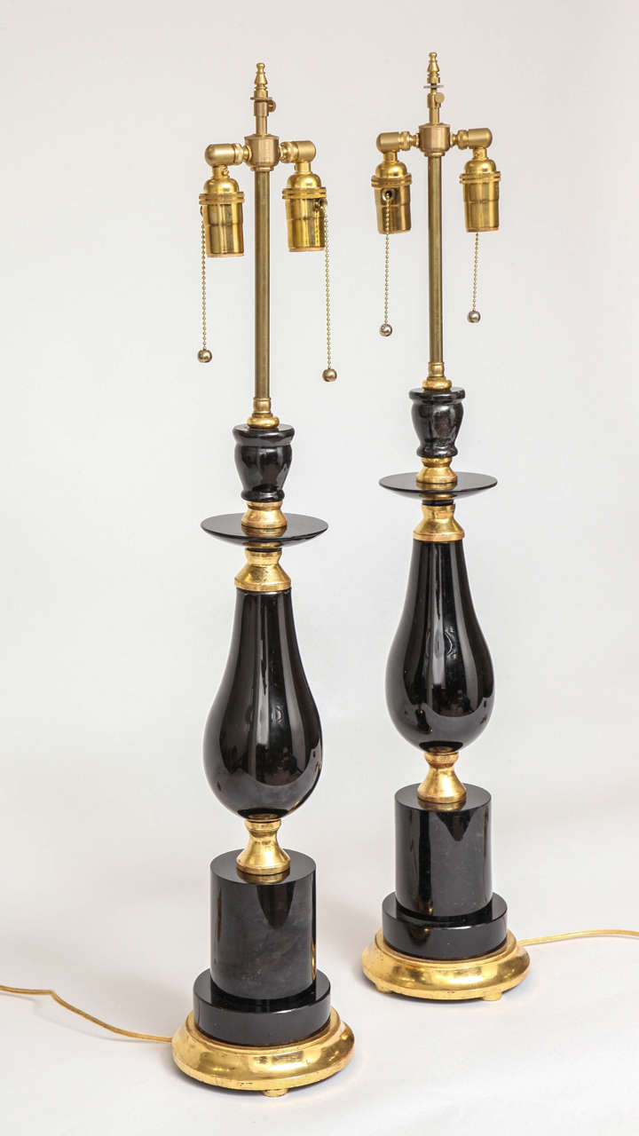 Fine Pair of Modern Black Russian Obsidian and Giltwood Lamps, 20th Century For Sale 1