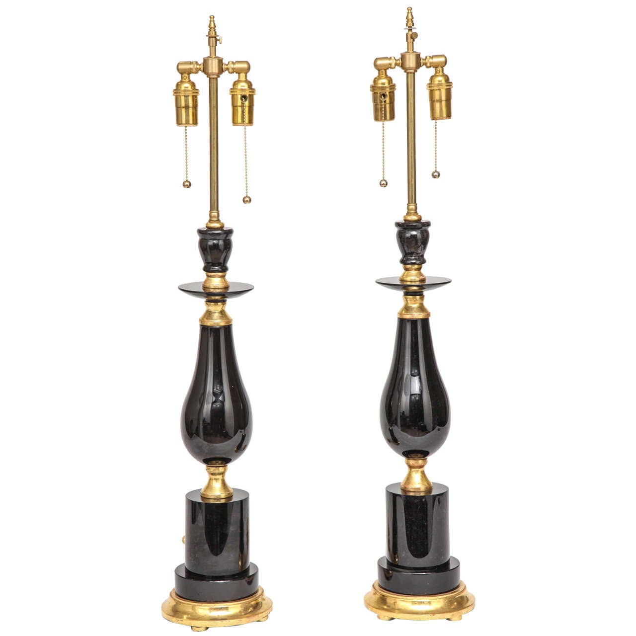 Fine Pair of Modern Black Russian Obsidian and Giltwood Lamps, 20th Century For Sale