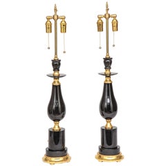 Fine Pair of Modern Black Russian Obsidian and Giltwood Lamps, 20th Century