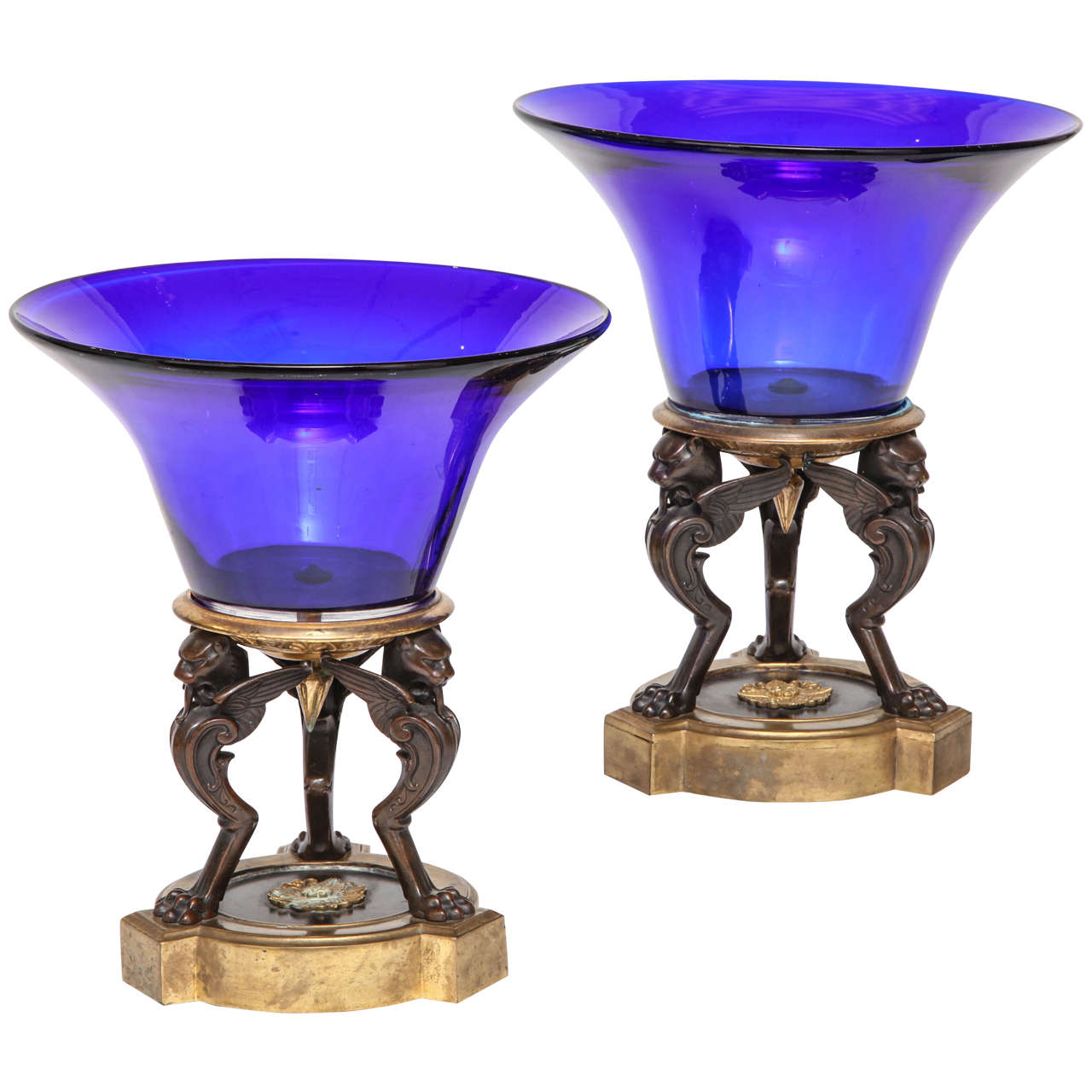 Pair of Russian Empire Cobalt Blue Glass and Bonze Mounted Centerpieces