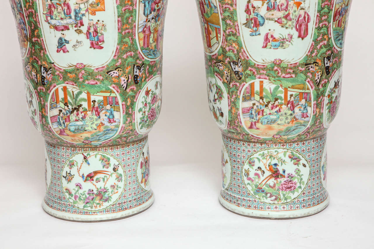 Unusual Pair of Large Chinese Export Canton Famille Rose 1000 Butterfly Vases For Sale 3