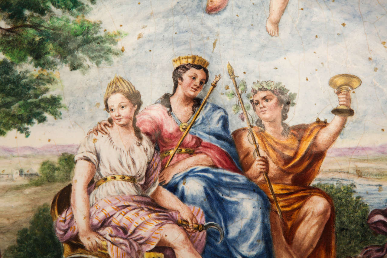 Charles X Large 19th Century Neapolitan maiolica plate depicting Bacchus and two Goddesses For Sale