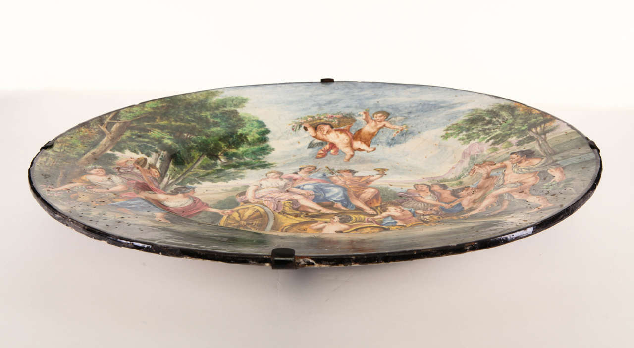Large 19th Century Neapolitan maiolica plate depicting Bacchus and two Goddesses For Sale 2
