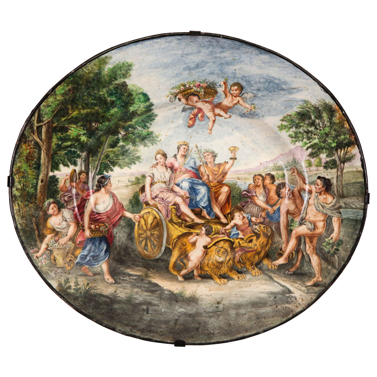 Large 19th Century Neapolitan maiolica plate depicting Bacchus and two Goddesses For Sale