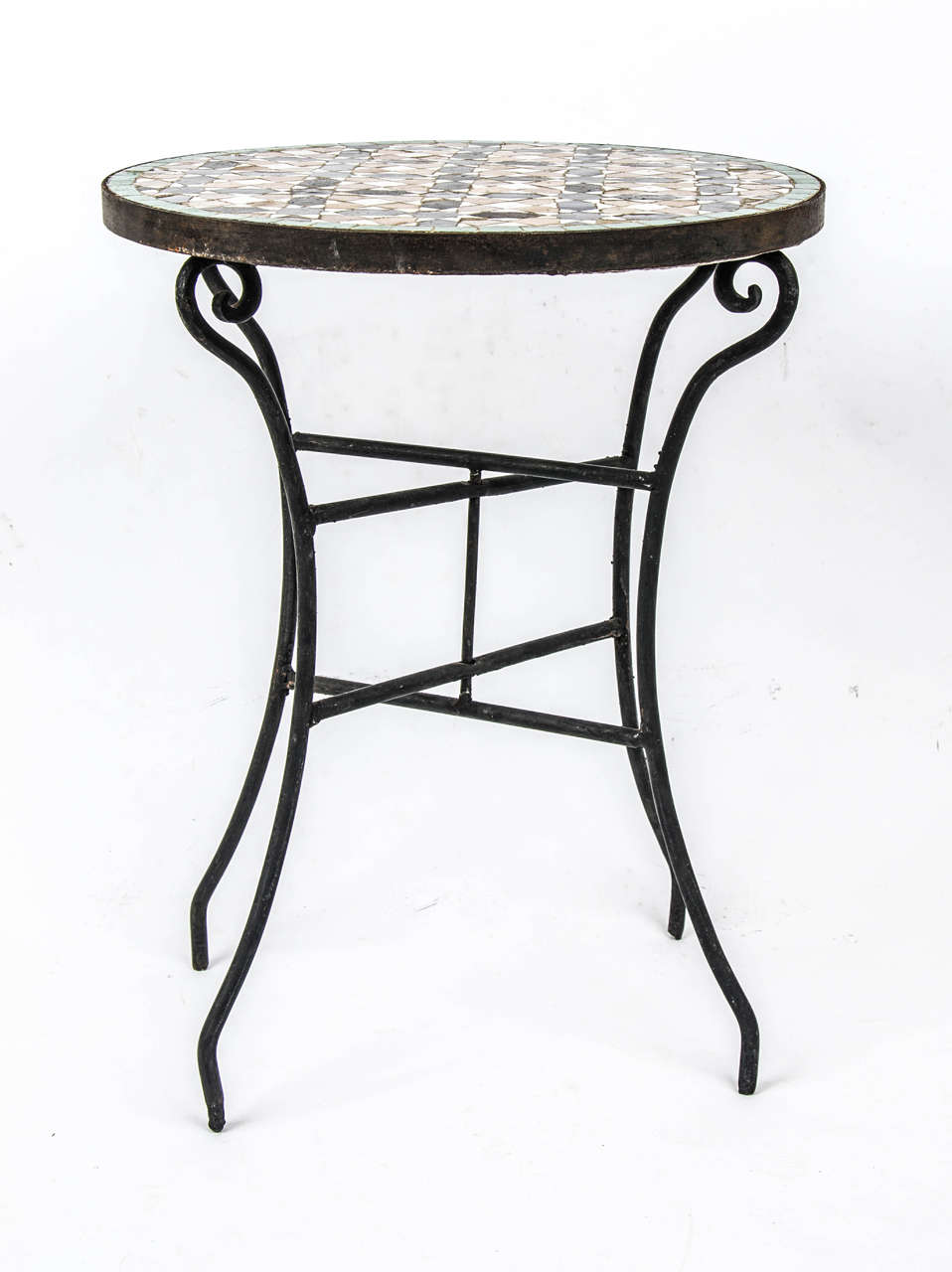 A modern Moroccan occasional table of small size with mosaic top, on wrought iron base.