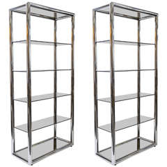 Pair of Pace Collection Polished Aluminum and Smoked Glass Shelves