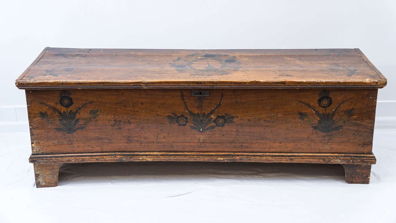 a great wooden blanket chest from an old estate in the Berkshires.
i love the hand painted details.
its a nice large size for your winter blankets!!