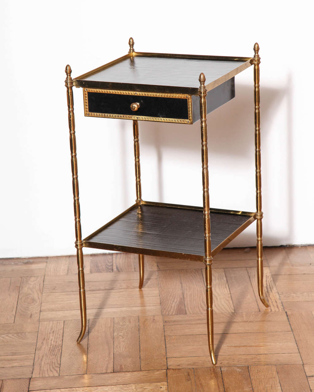 French Pair of Gilt Brass, Faux Bamboo Two-Tier Etagere Tables, France circa 1930