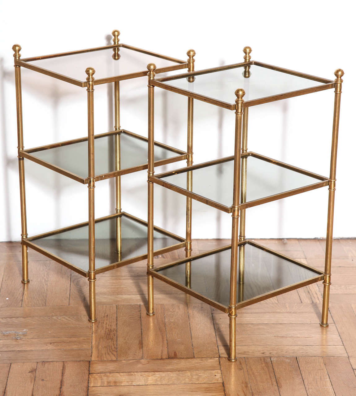 Pair of Brass and Glass Three-Tier Etagere Tables, French circa 1950 In Excellent Condition For Sale In New York, NY