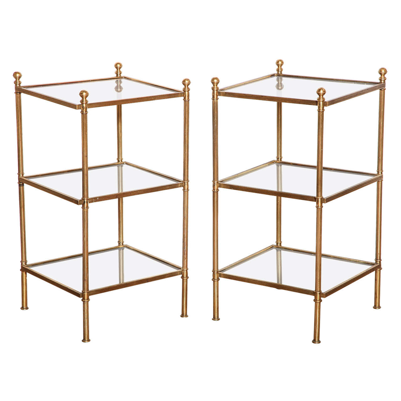 Pair of Brass and Glass Three-Tier Etagere Tables, French circa 1950 For Sale