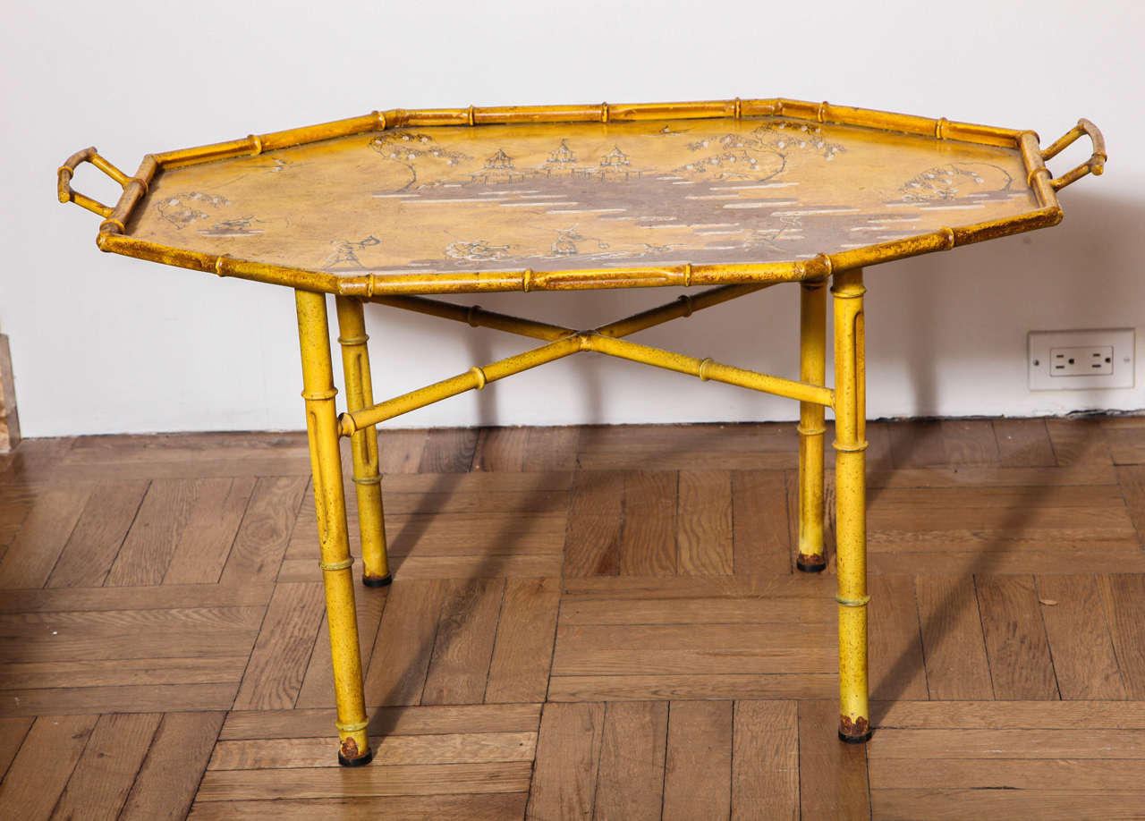 A Charming Yellow, Amber and Brown Painted Toile Tray on Painted Metal  Faux Bamboo Stand with Great Chinoiserie Decoration, c. 1940's